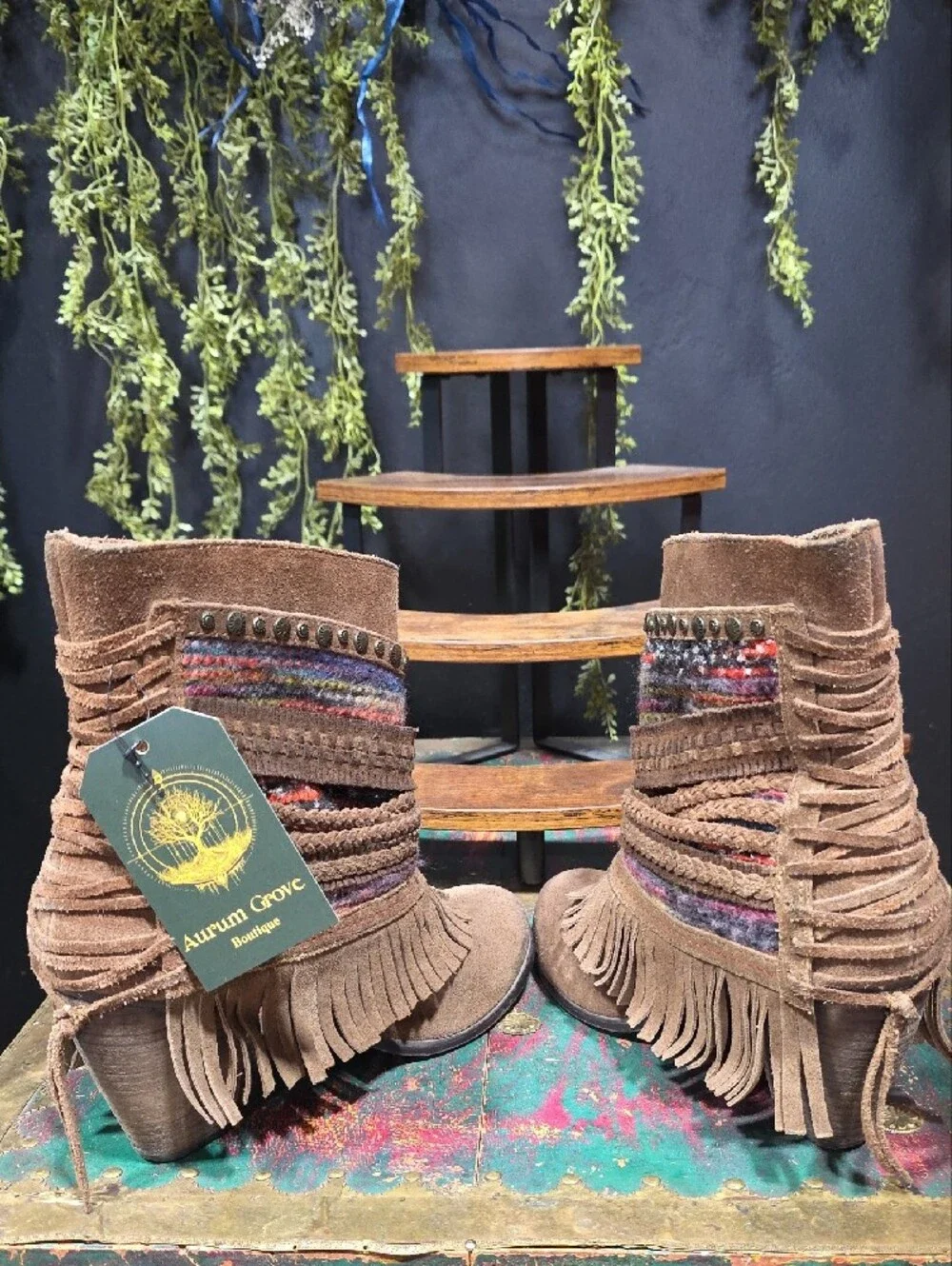 Naughty Monkey Brown Suede Fringe Ankle Boots with Multicolor Yarn Trim